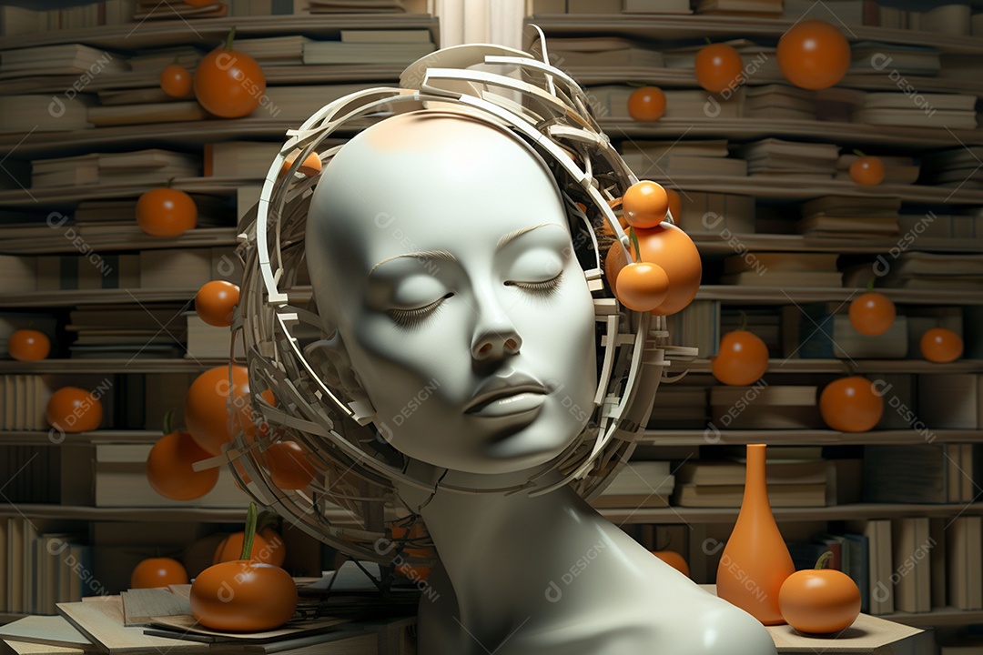 Uma escultura da cabeça de uma mulher cercada por laranja e livros