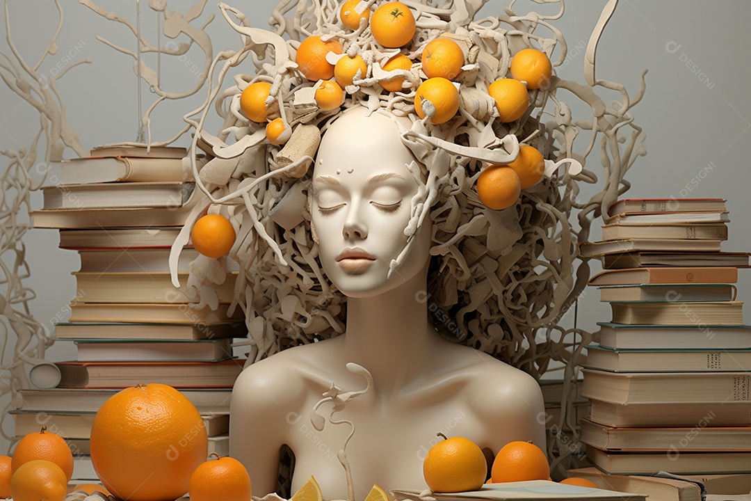 Uma escultura da cabeça de uma mulher cercada por laranja e livros