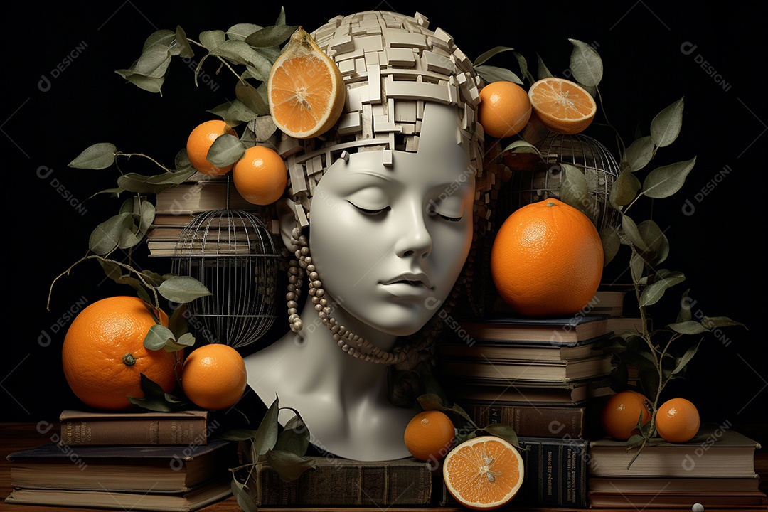 Uma escultura da cabeça de uma mulher cercada por laranja e livros