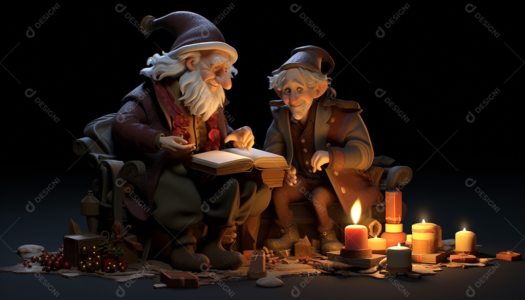 Modelos 3D de personagens e cenas da casa de fadas no Papai Noel à luz de velas