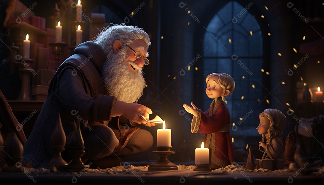 Modelos 3D de personagens e cenas da casa de fadas no Papai Noel à luz de velas