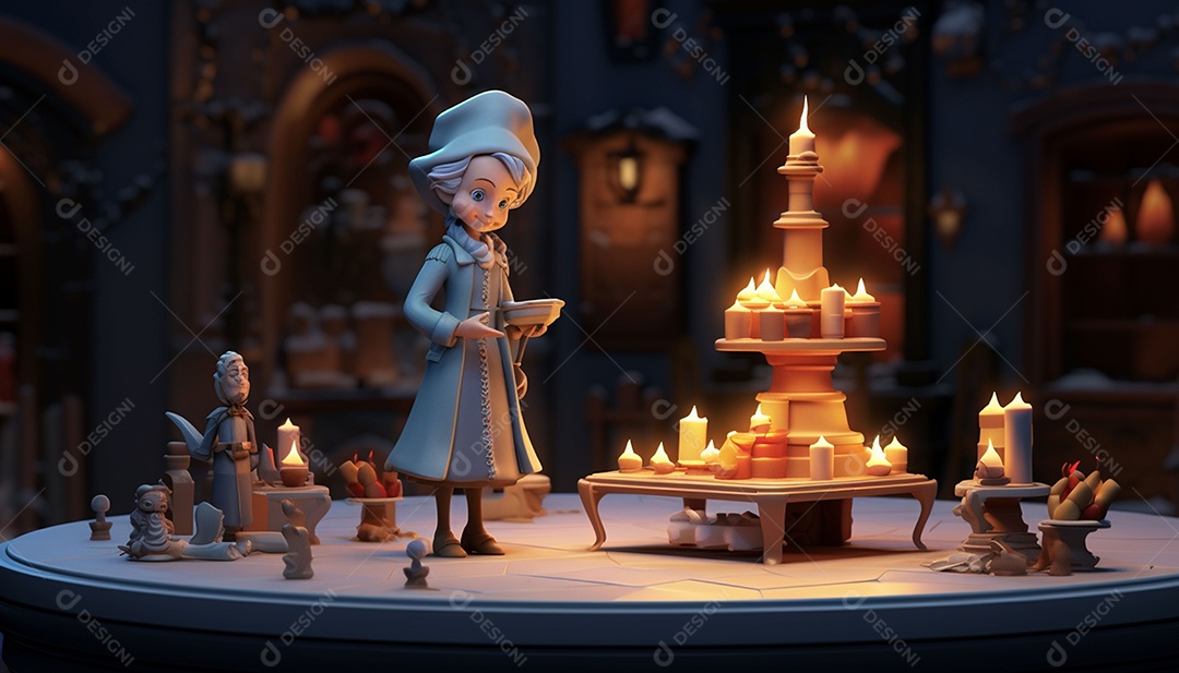 Modelos 3D de personagens e cenas da casa de fadas no Papai Noel à luz de velas