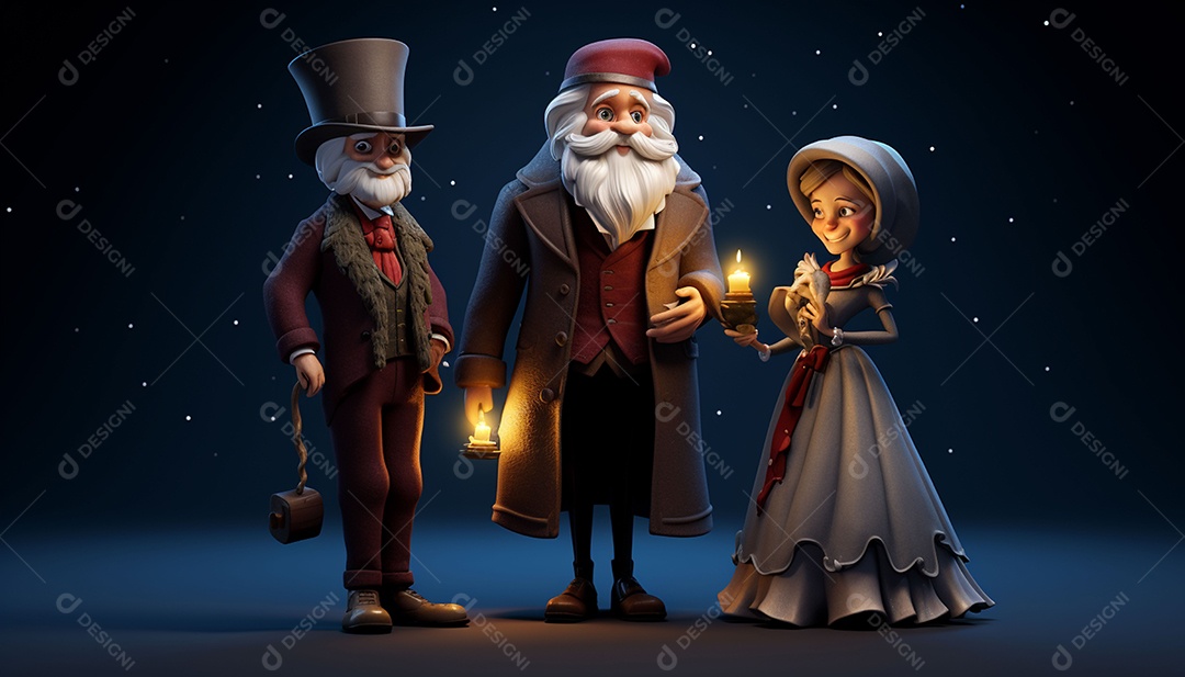 Modelos 3D de personagens e cenas da casa de fadas no Papai Noel à luz de velas