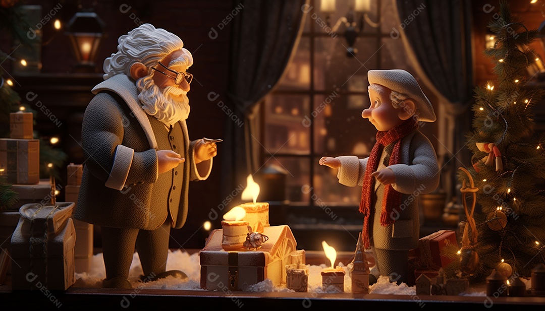 Modelos 3D de personagens e cenas da casa de fadas no Papai Noel à luz de velas