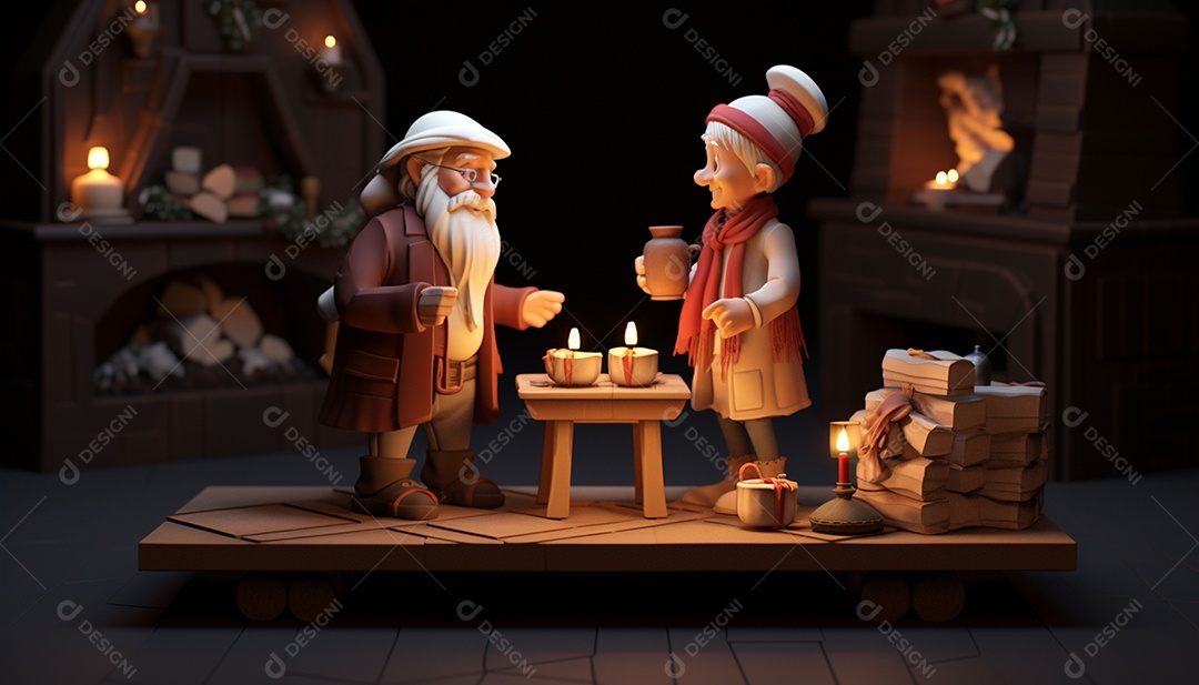 Modelos 3D de personagens e cenas da casa de fadas no Papai Noel à luz de velas