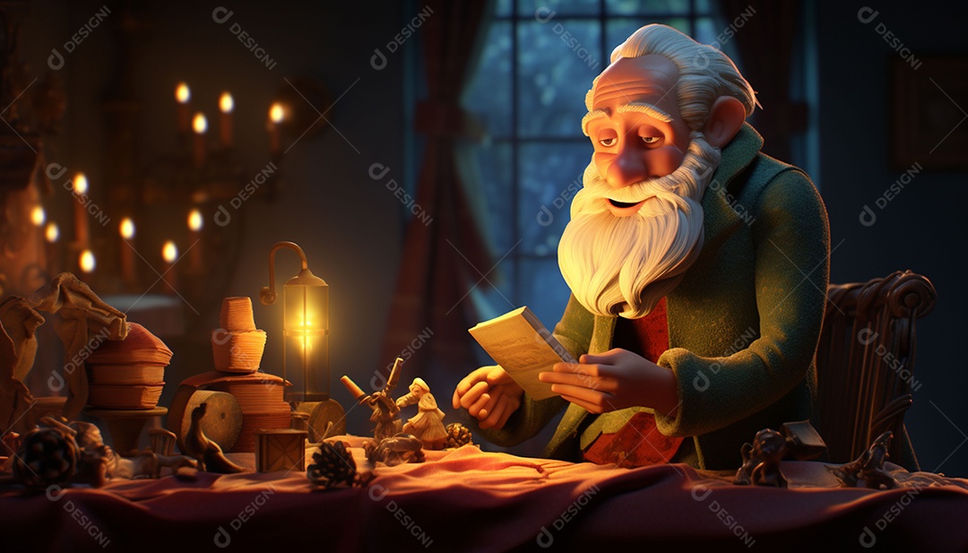 Modelos 3D de personagens e cenas da casa de fadas no Papai Noel à luz de velas