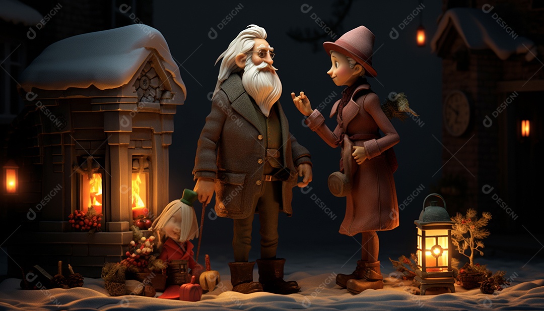 Modelos 3D de personagens e cenas da casa de fadas no Papai Noel à luz de velas