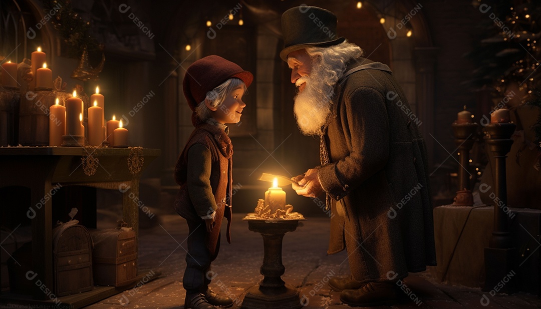 Modelos 3D de personagens e cenas da casa de fadas no Papai Noel à luz de velas