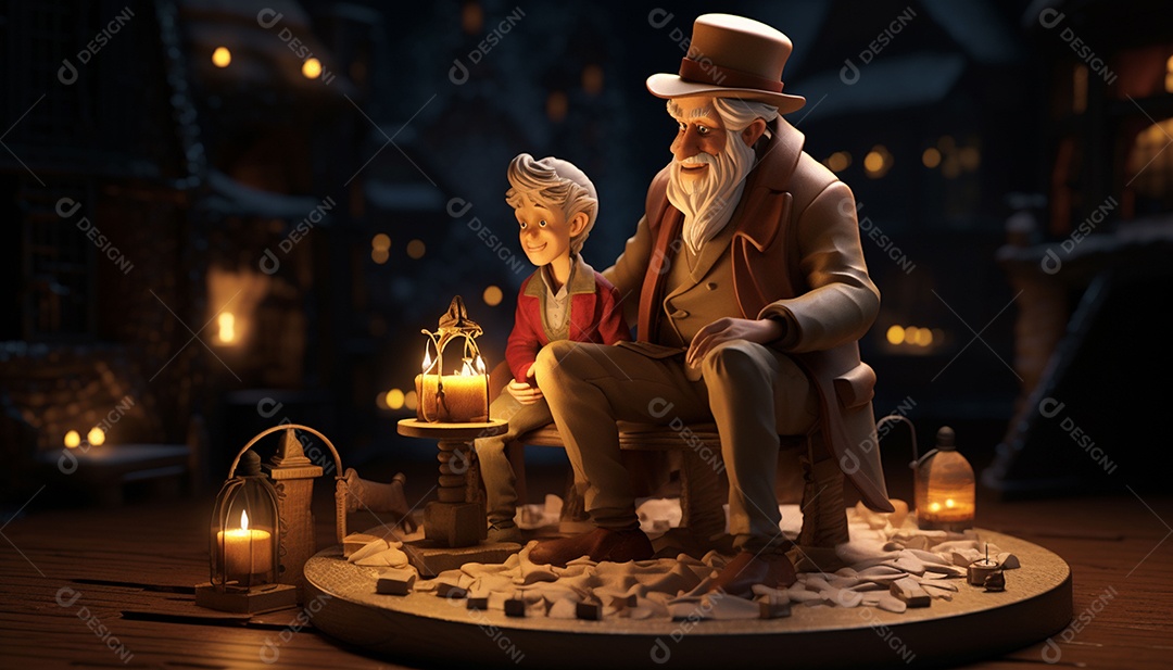 Modelos 3D de personagens e cenas da casa de fadas no Papai Noel à luz de velas