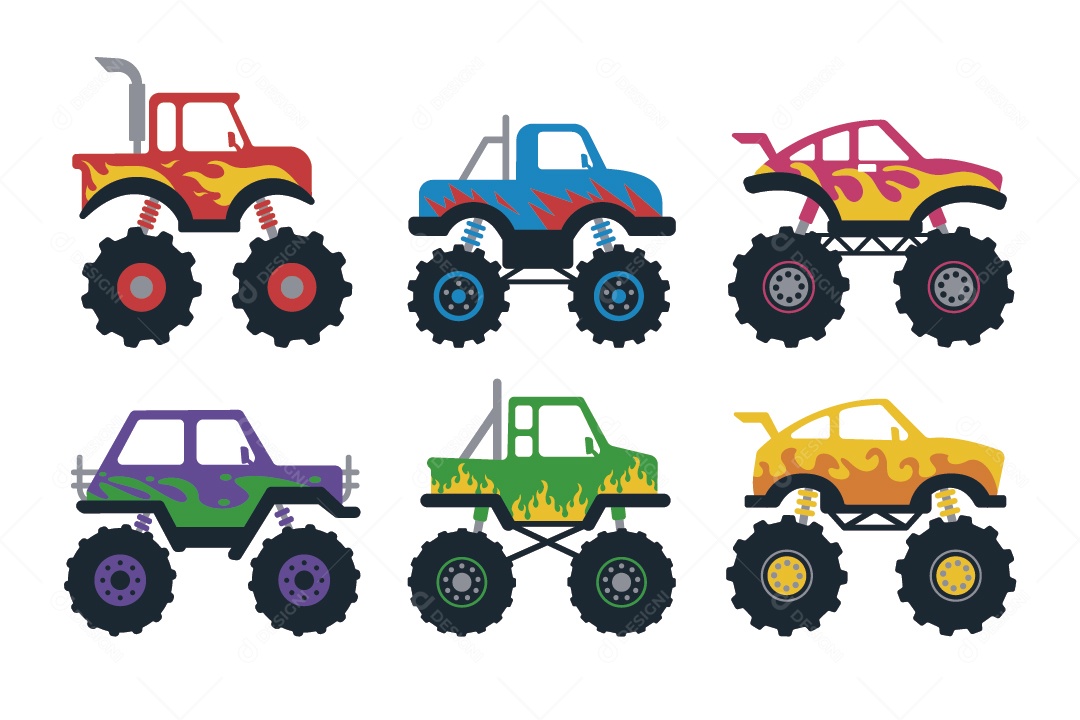 Conjunto de Caminhões Monstro Ilustração Vetor EPS