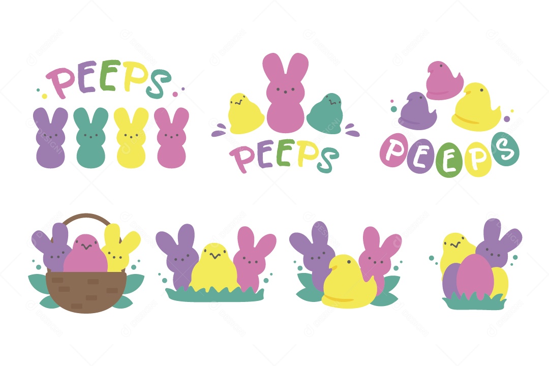 Conjunto de Coelhos Coloridos Ilustração Vetor EPS