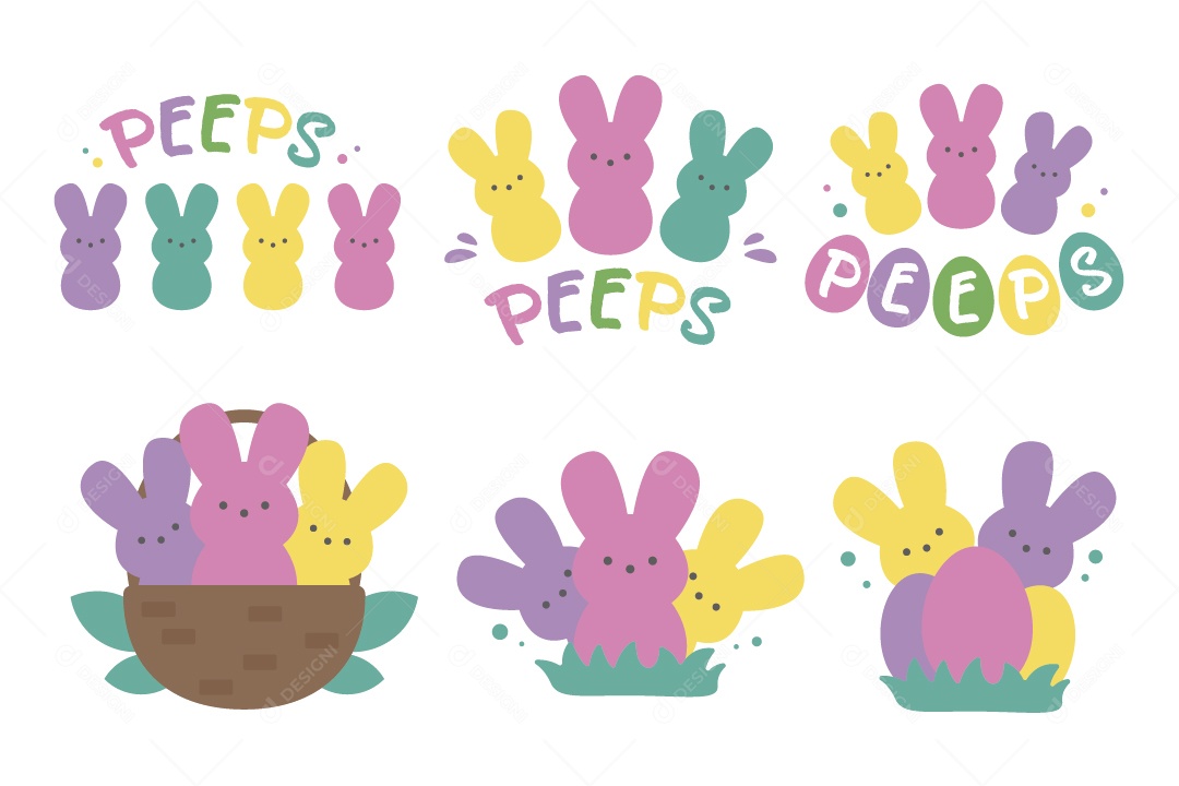 Conjunto de Coelhos Coloridos Ilustração Vetor EPS