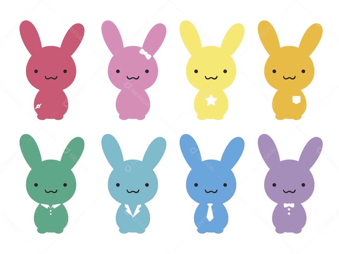 Conjunto de Coelhos Coloridos Ilustração Vetor EPS