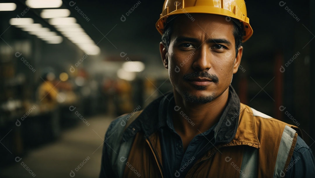 Homem moreno usando capacete de segurança.