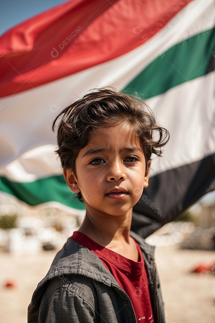 Retrato de uma criança olhando para longe com um fundo de bandeira palestina