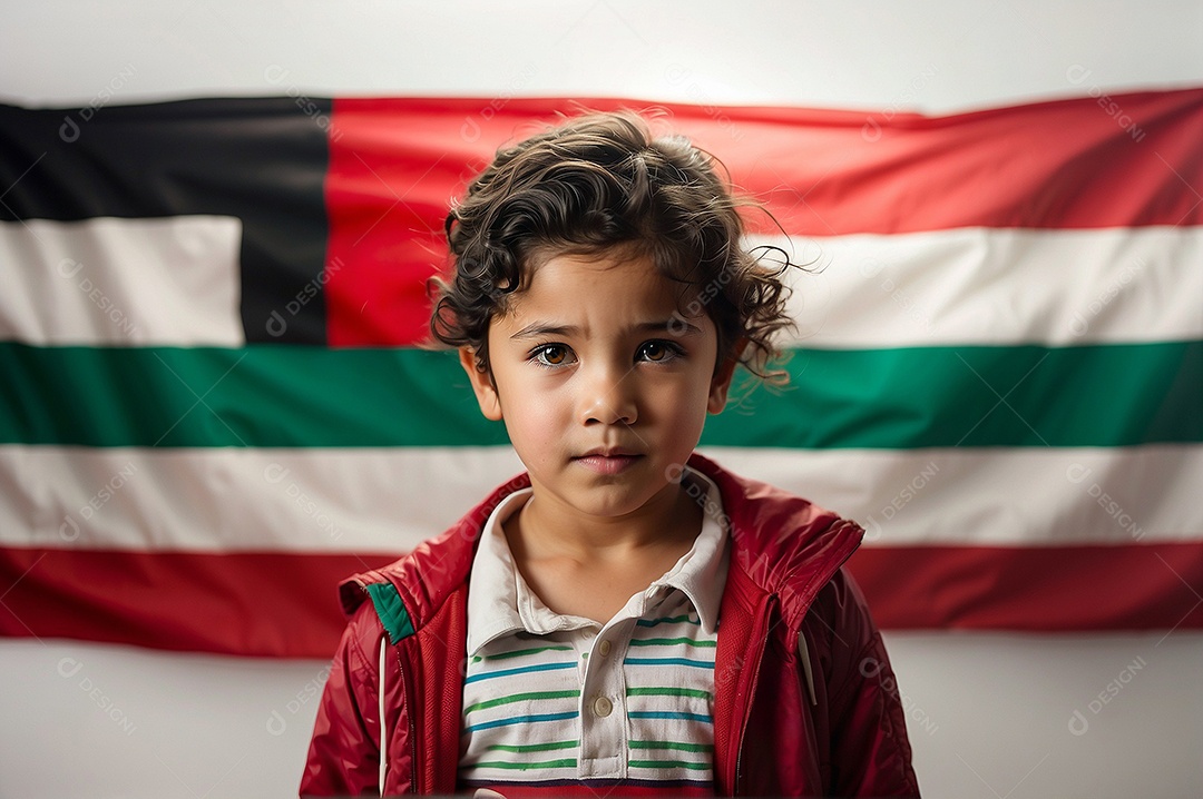 Retrato de uma criança olhando para longe com um fundo de bandeira palestina