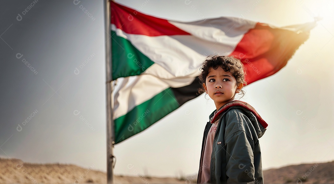 Retrato de uma criança olhando para longe com um fundo de bandeira palestina