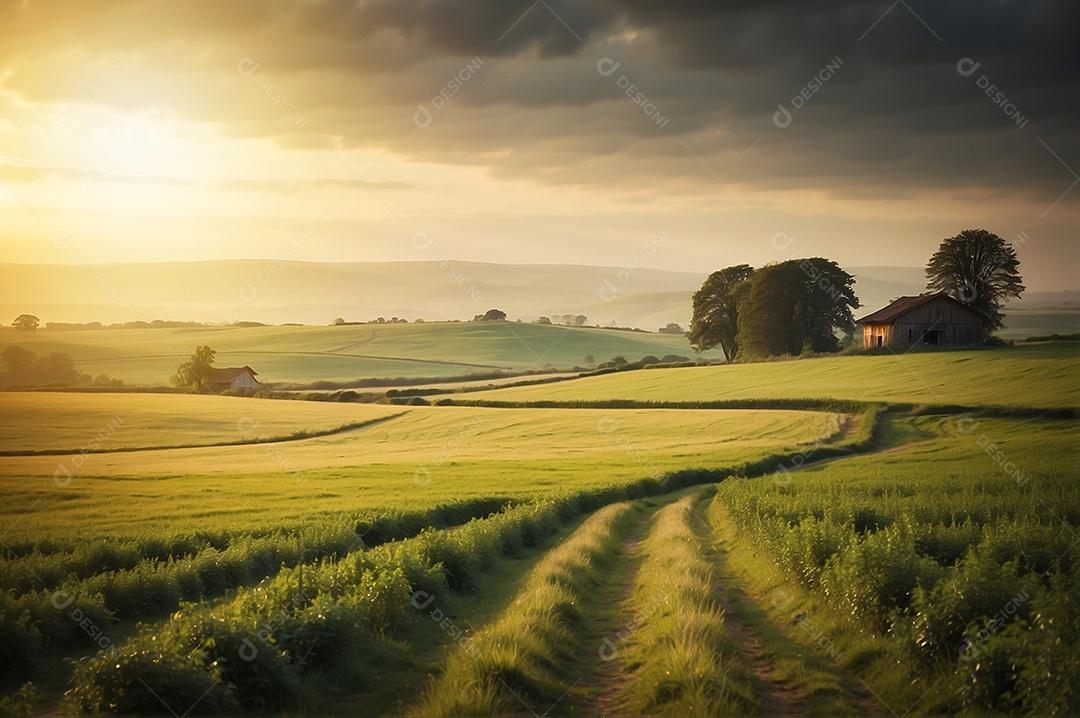 Imagem cinematográfica de uma fazenda agrícola pacífica no campo