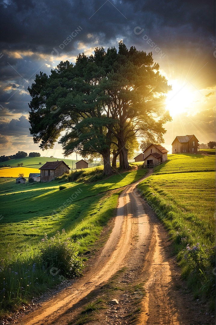 Fazenda com muitas casinhas ao fundo de por do sol