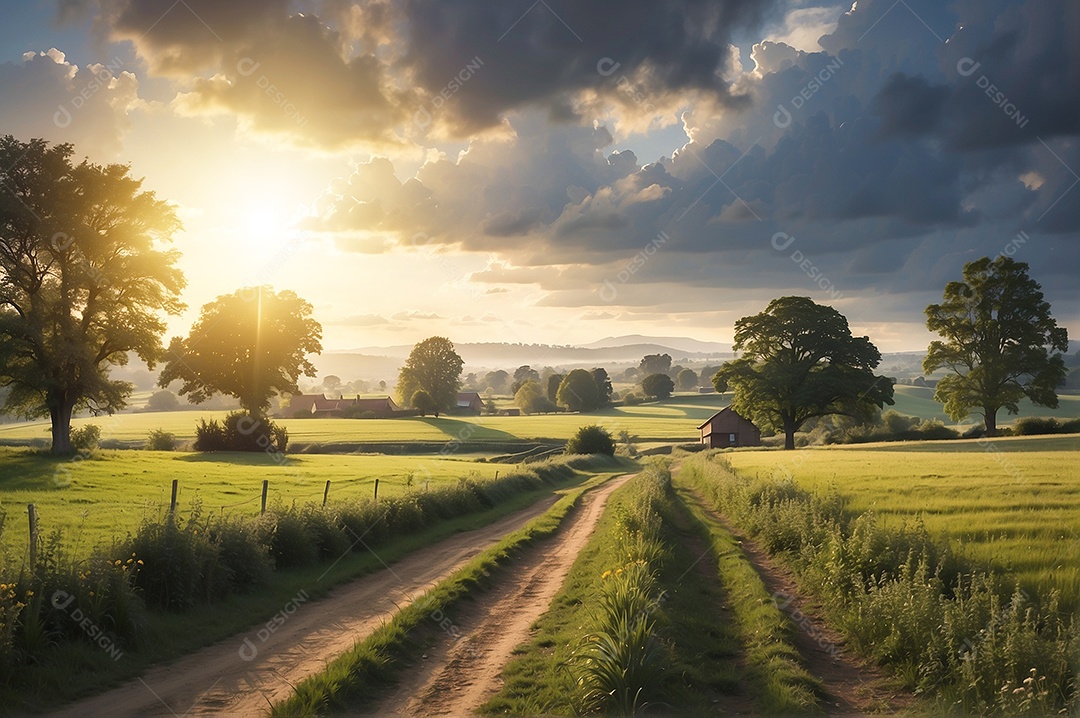 Imagem cinematográfica de uma fazenda agrícola pacífica no campo