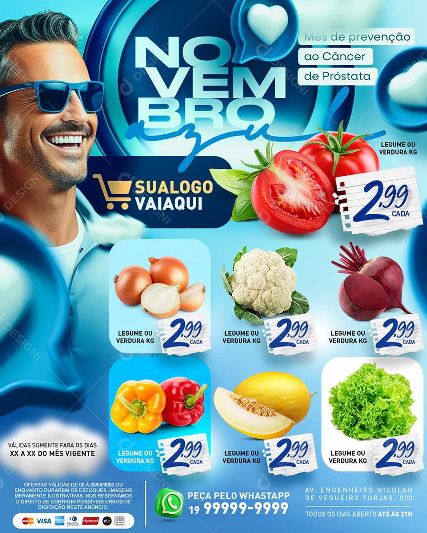 Tabloide Novembro Azul Hortifruti Cebola Tomate e Pimentão Social Media PSD Editável