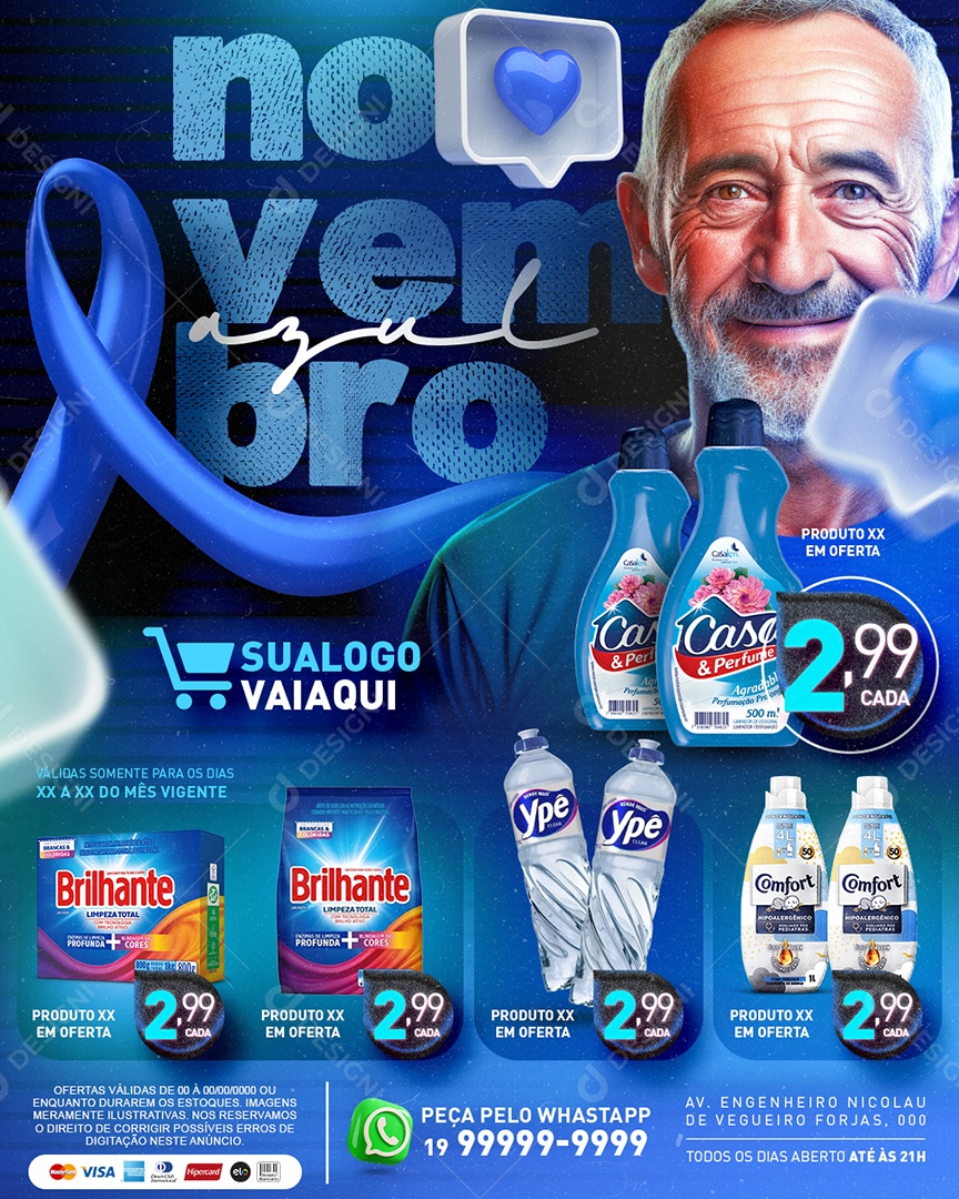 Social Media Tabloide Novembro Azul Supermercado Amaciante Sabão em Pó e Detergente PSD Editável