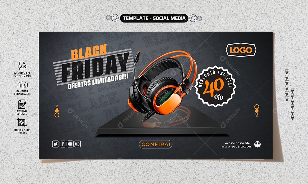 Social Media Banner Black Friday Ofertas Limitadas Eletrônicos PSD Editável