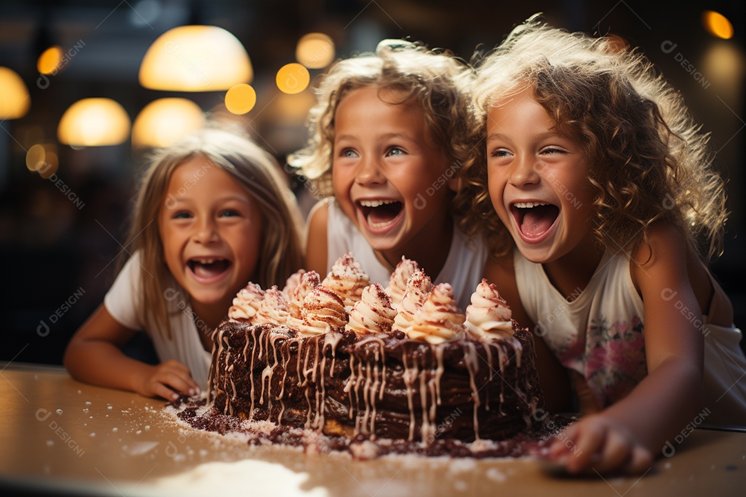 Crianças se divertem e brincam na mesa do bolo