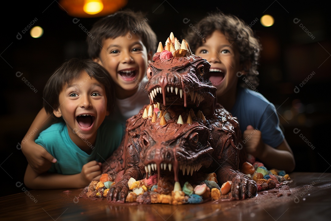 Crianças se divertem e brincam na mesa do bolo