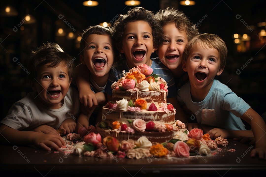 Crianças se divertem e brincam na mesa do bolo