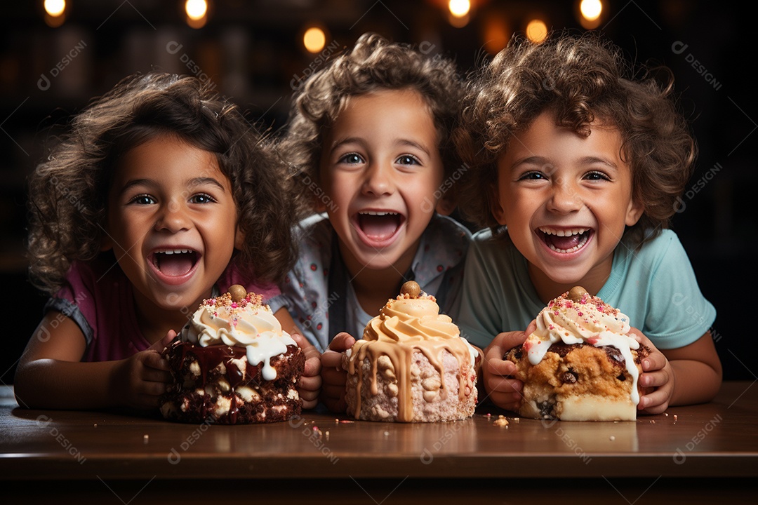 Crianças se divertem e brincam na mesa do bolo