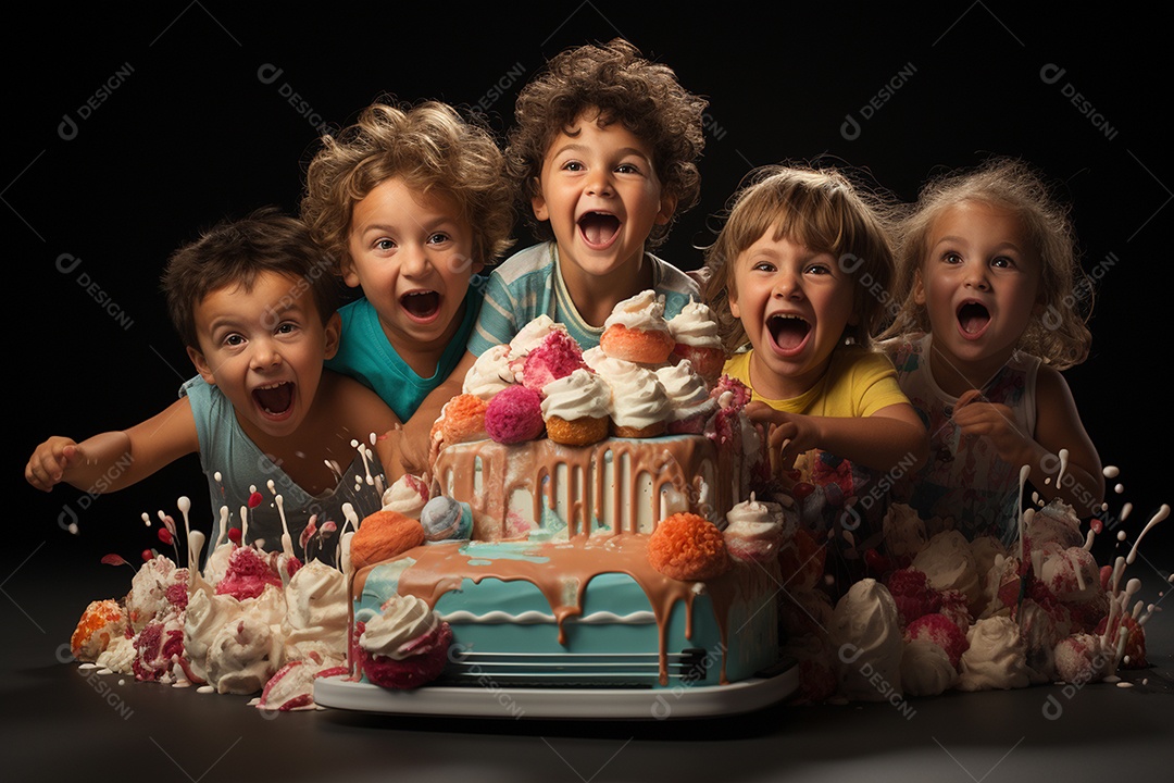 Crianças se divertem e brincam na mesa do bolo