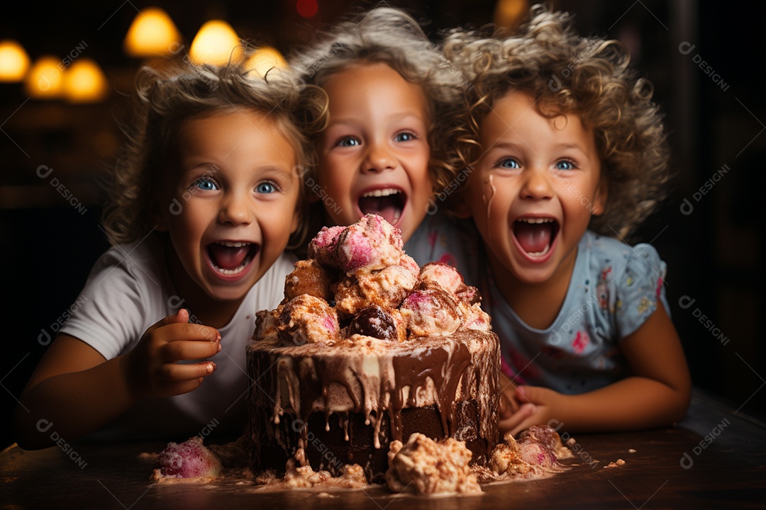 Crianças se divertem e brincam na mesa do bolo