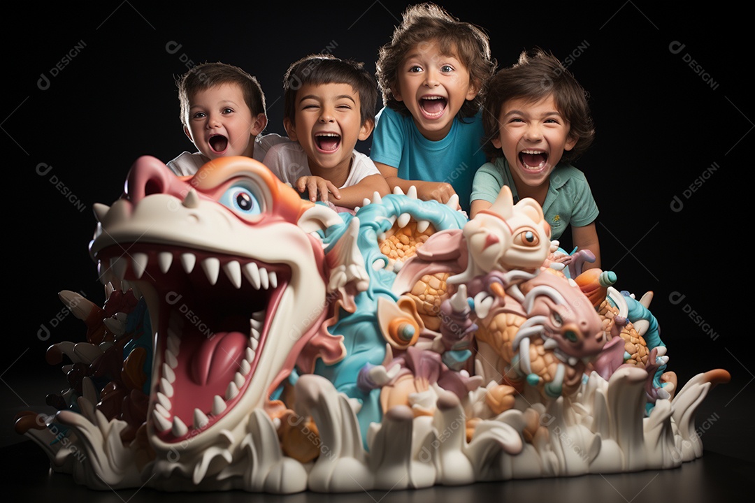 Crianças se divertem e brincam na mesa do bolo