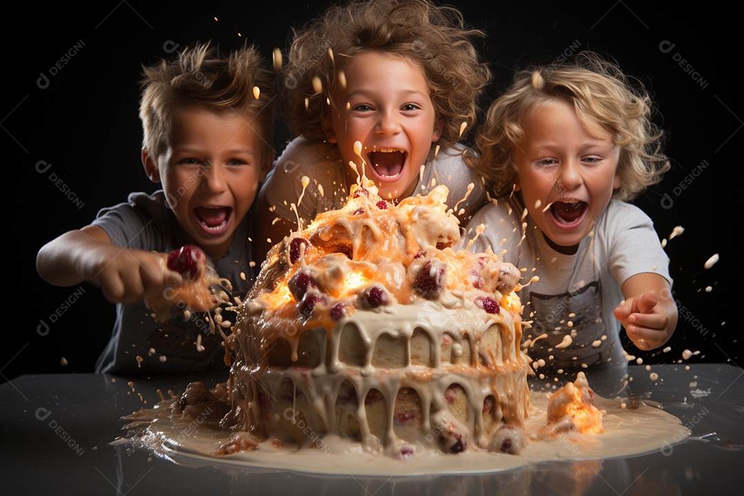 Crianças se divertem e brincam na mesa do bolo