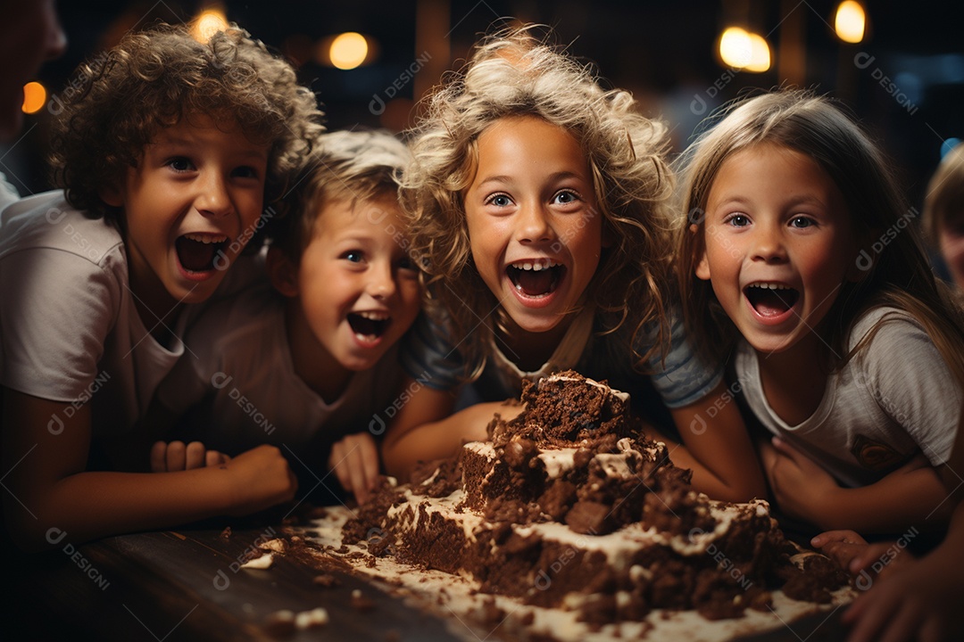Crianças se divertem e brincam na mesa do bolo