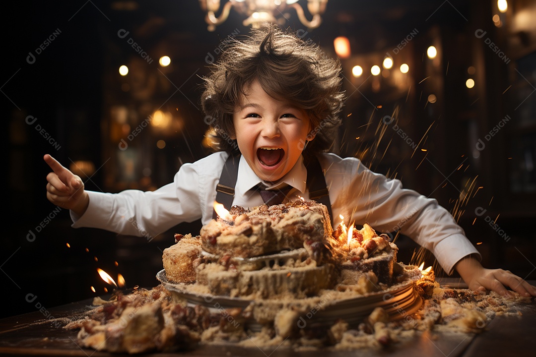 Crianças se divertem e brincam na mesa do bolo