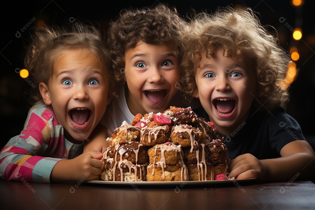 Crianças se divertem e brincam na mesa do bolo