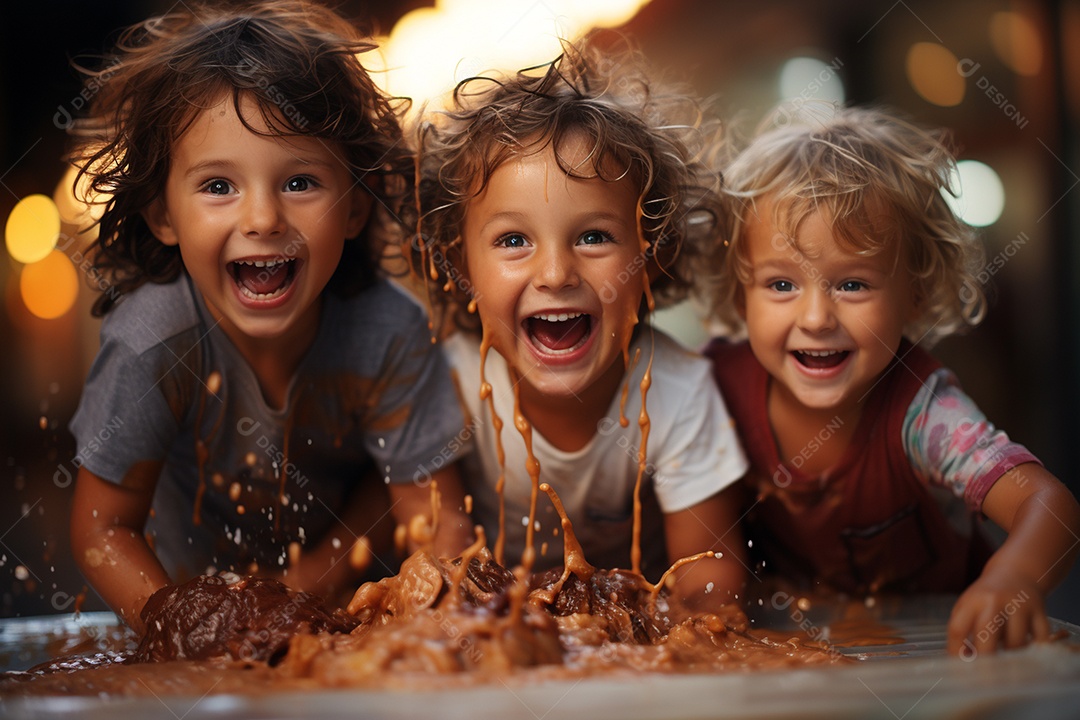 Crianças se divertem e brincam na mesa do bolo
