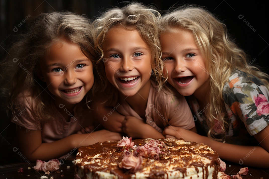Crianças se divertem e brincam na mesa do bolo