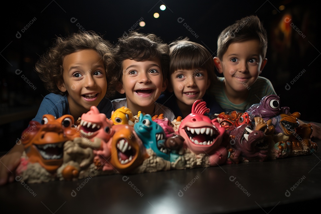 Crianças se divertem e brincam na mesa do bolo