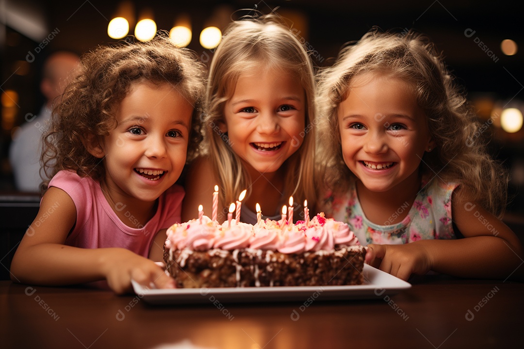Crianças se divertem e brincam na mesa do bolo