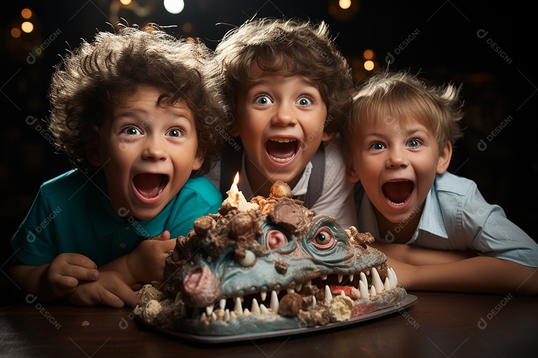 Crianças se divertem e brincam na mesa do bolo