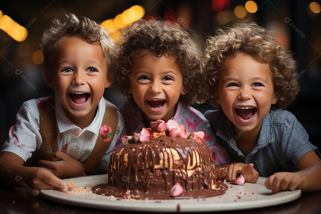 Crianças se divertem e brincam na mesa do bolo