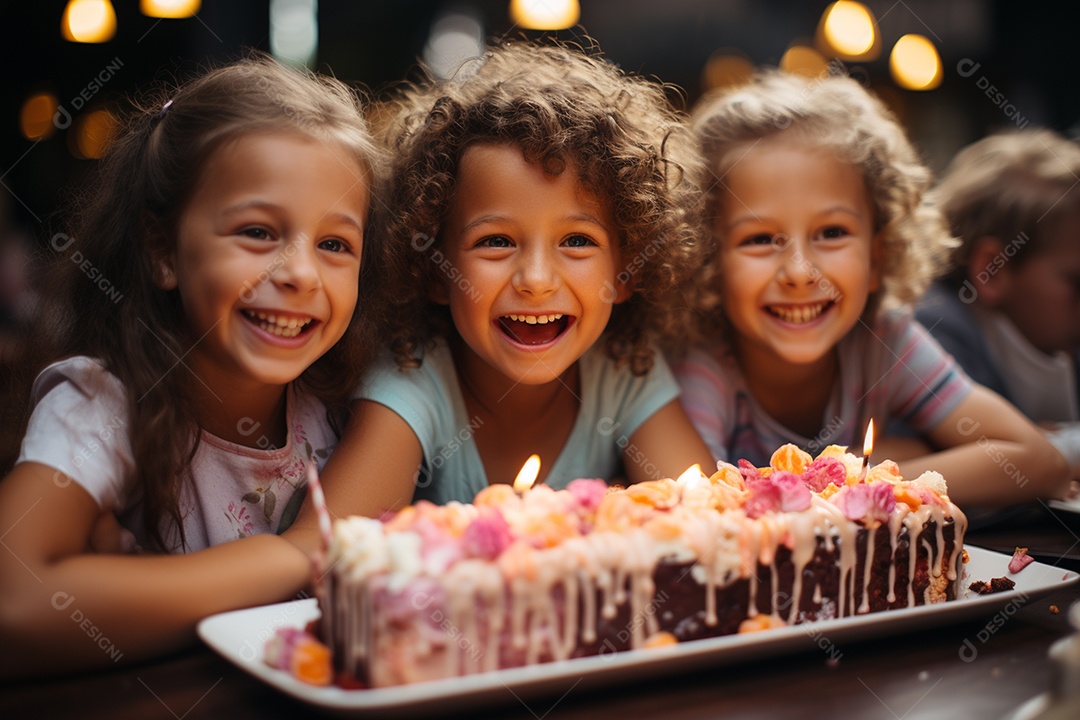Crianças se divertem e brincam na mesa do bolo