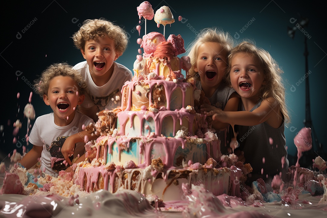 Crianças se divertem e brincam na mesa do bolo