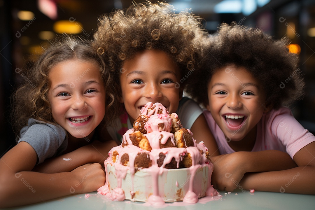 Crianças se divertem e brincam na mesa do bolo
