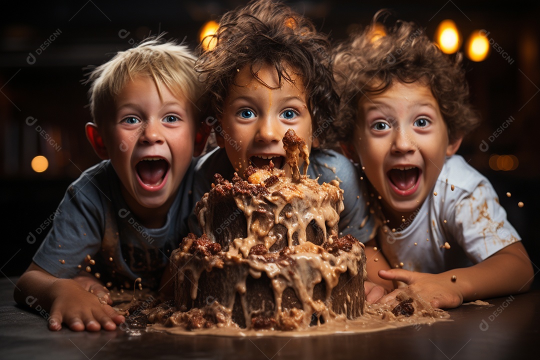 Crianças se divertem e brincam na mesa do bolo