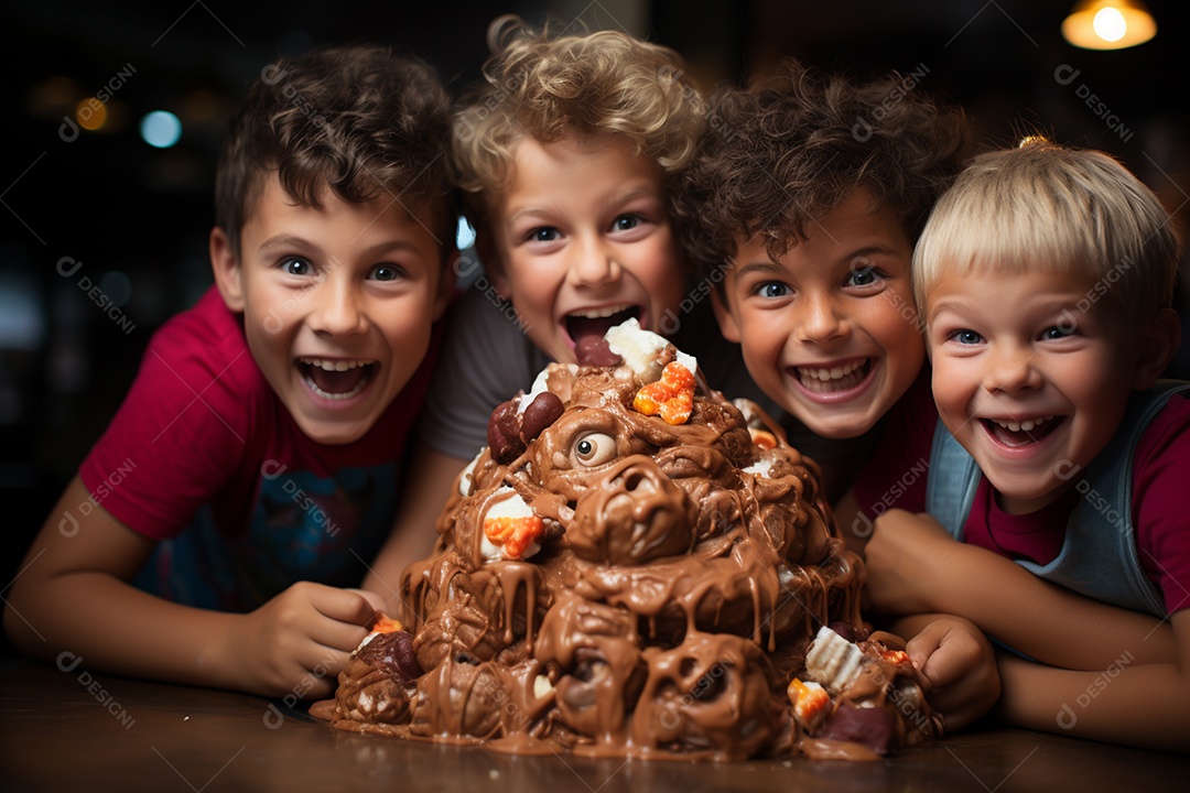 Crianças se divertem e brincam na mesa do bolo