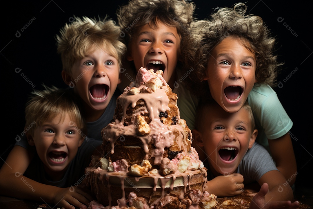 Crianças se divertem e brincam na mesa do bolo